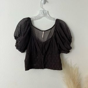 Free People Brown Lace Puff Sleeve Top